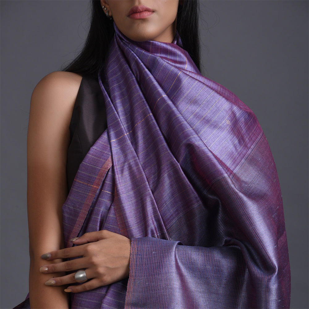 Zari Stripe Handwoven Tussar Silk Saree - Romantic Violet - Vriksh Designs