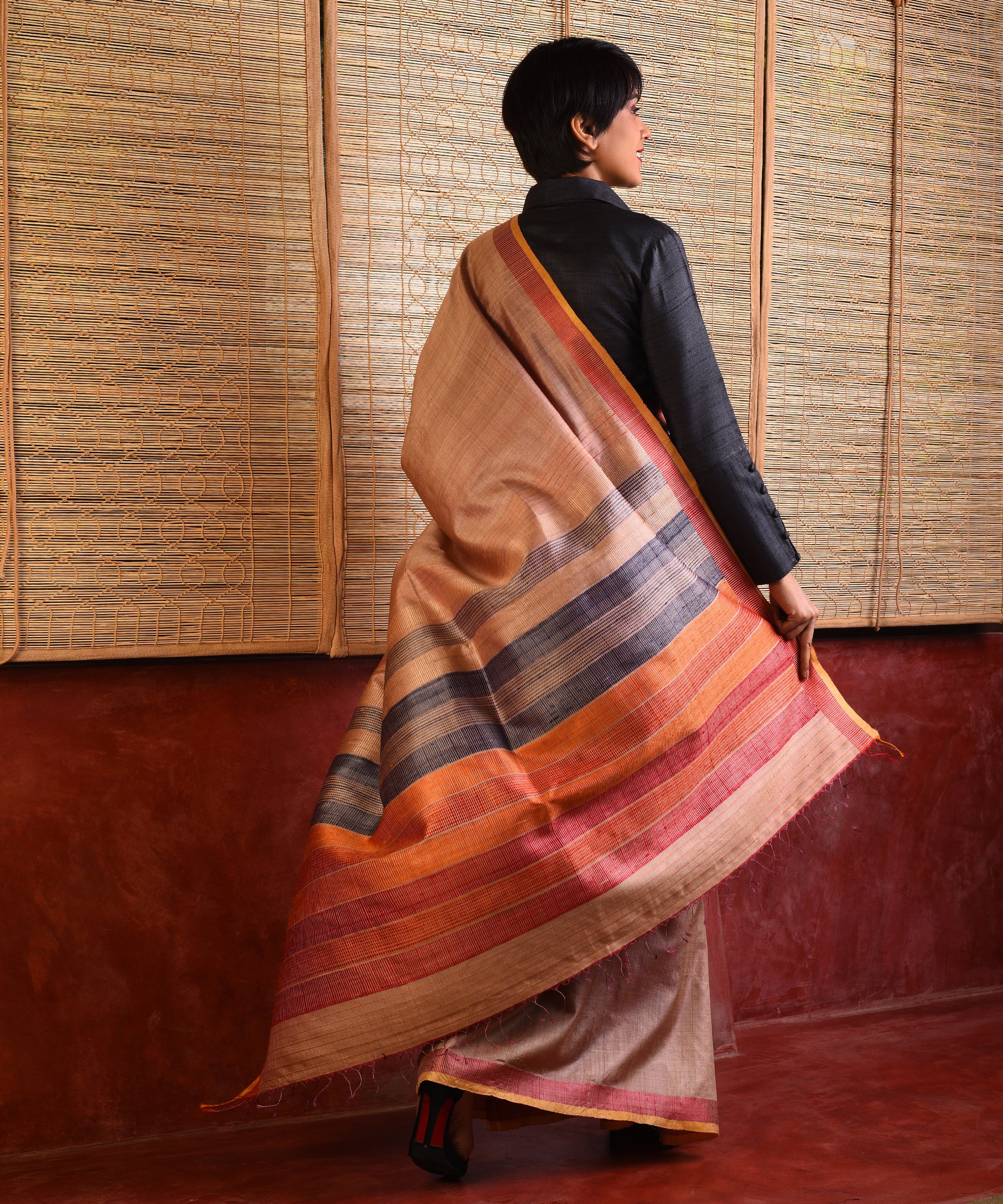 DHAAN Handwoven Tussar Silk Saree - Cream - Vriksh Designs