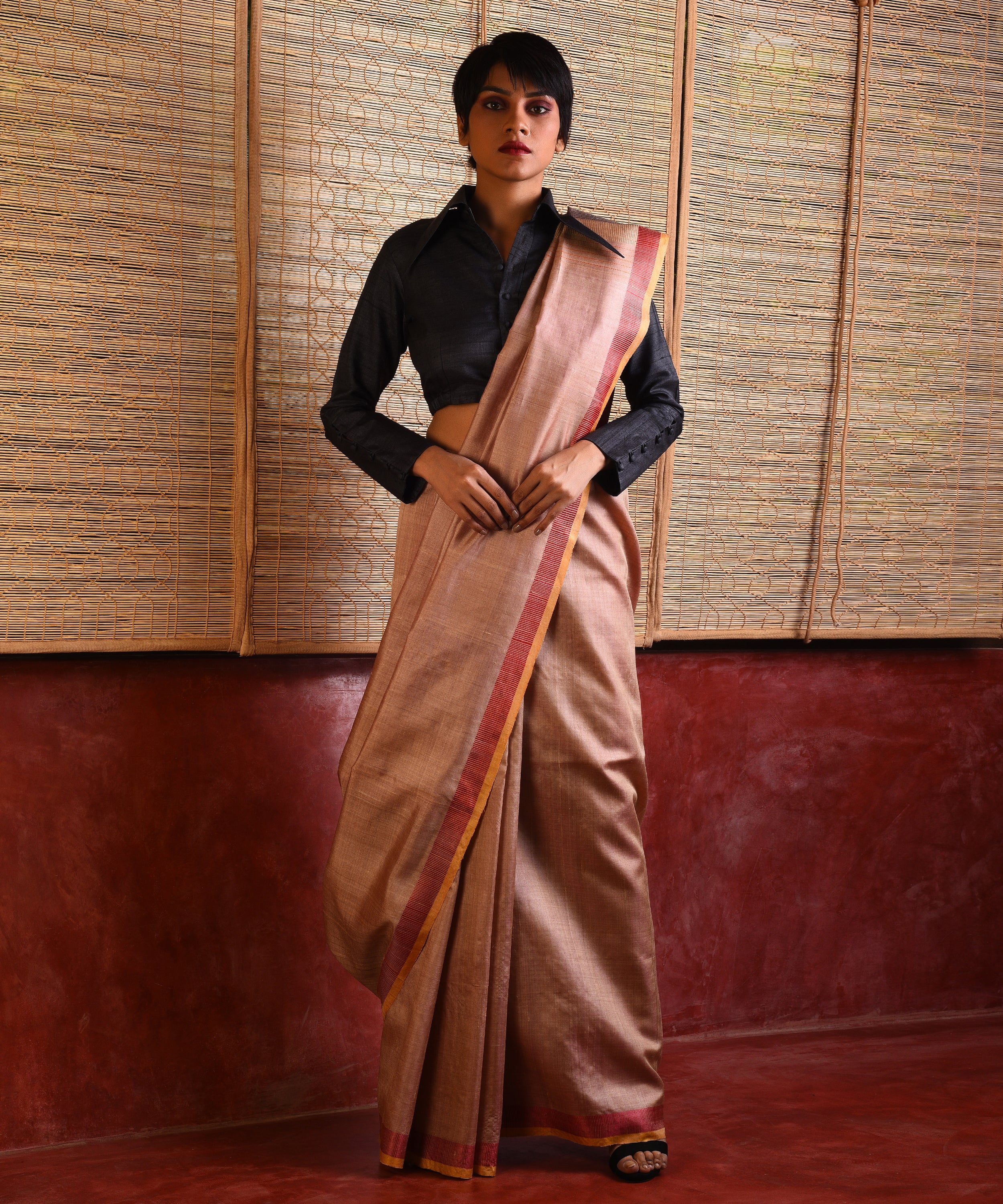 DHAAN Handwoven Tussar Silk Saree - Cream - Vriksh Designs
