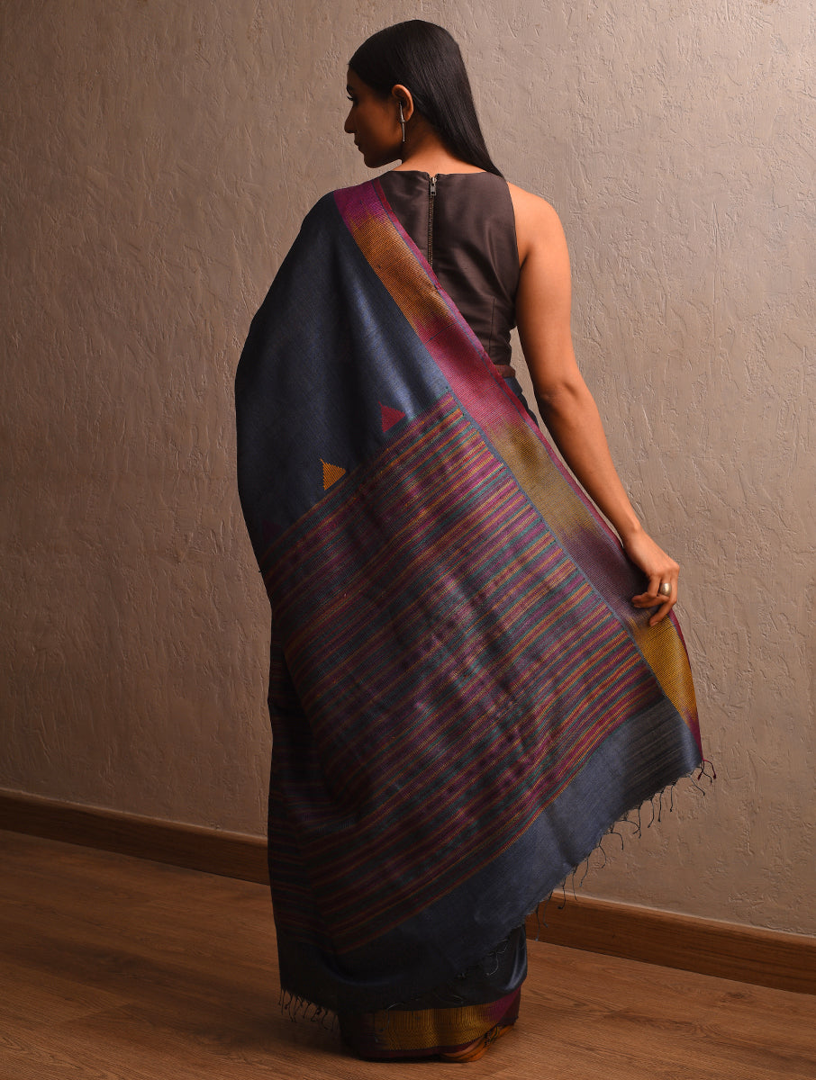 IKAT Tussar Satrang Silk Sari - Navy Blue