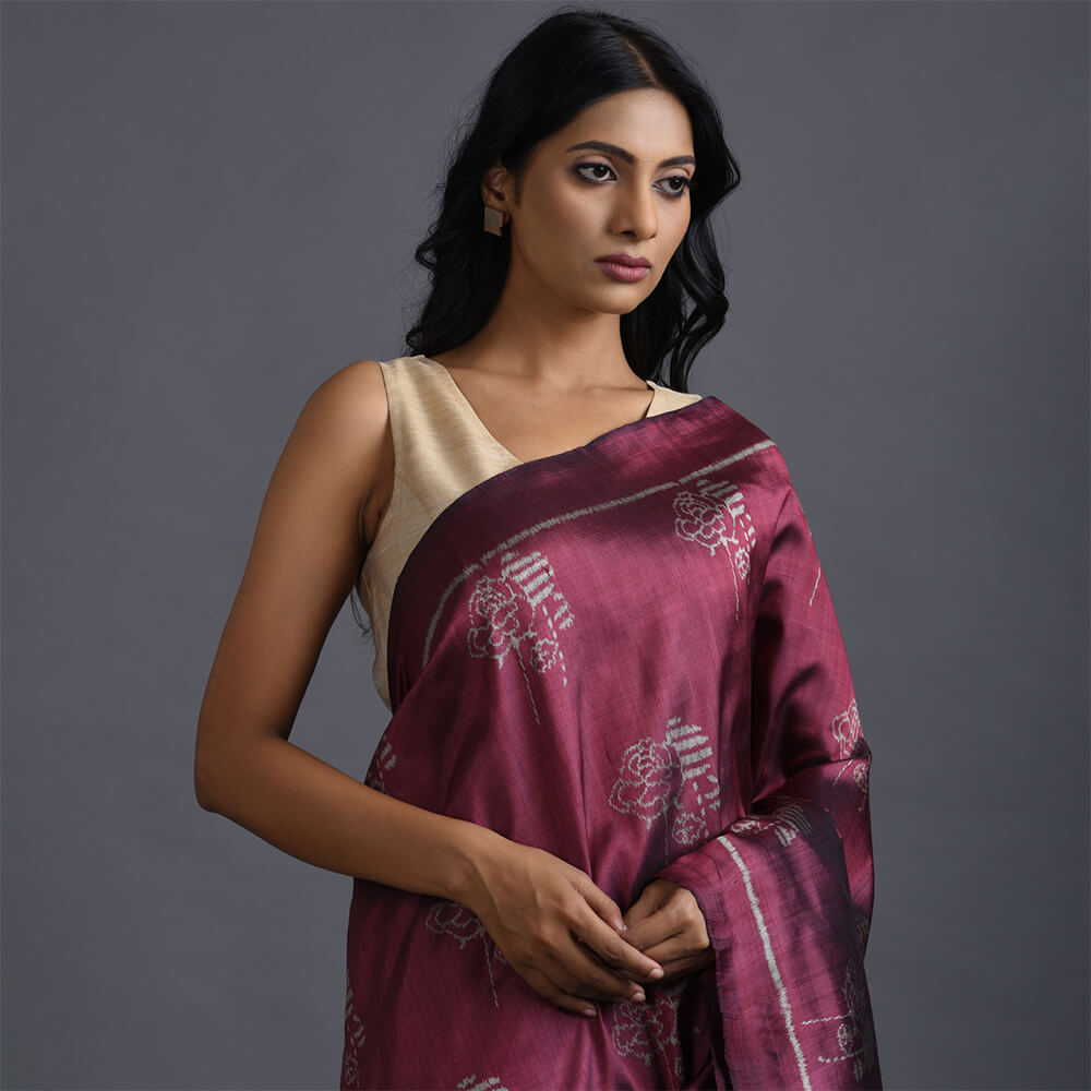 Dhoop Chaun Ikat Handwoven Silk Saree - Maroon Grey