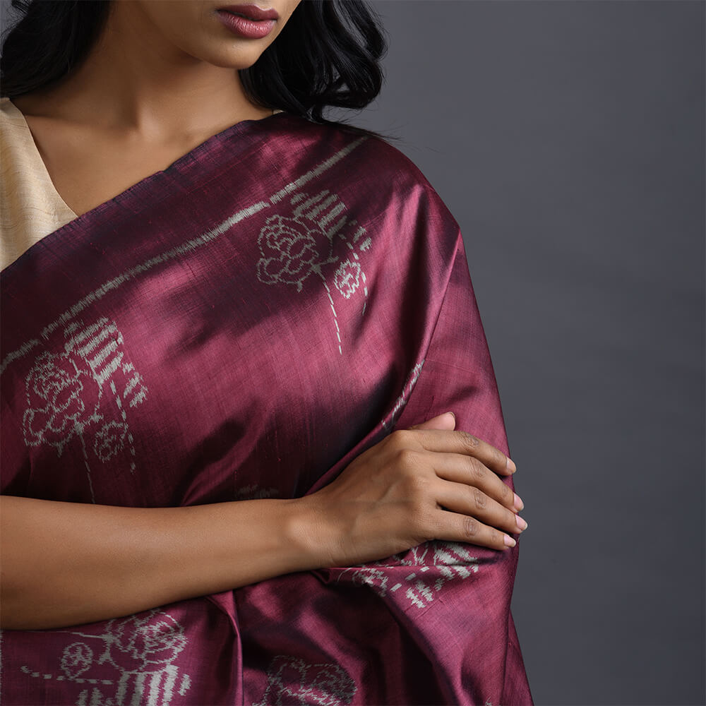 Dhoop Chaun Ikat Handwoven Silk Saree - Maroon Grey