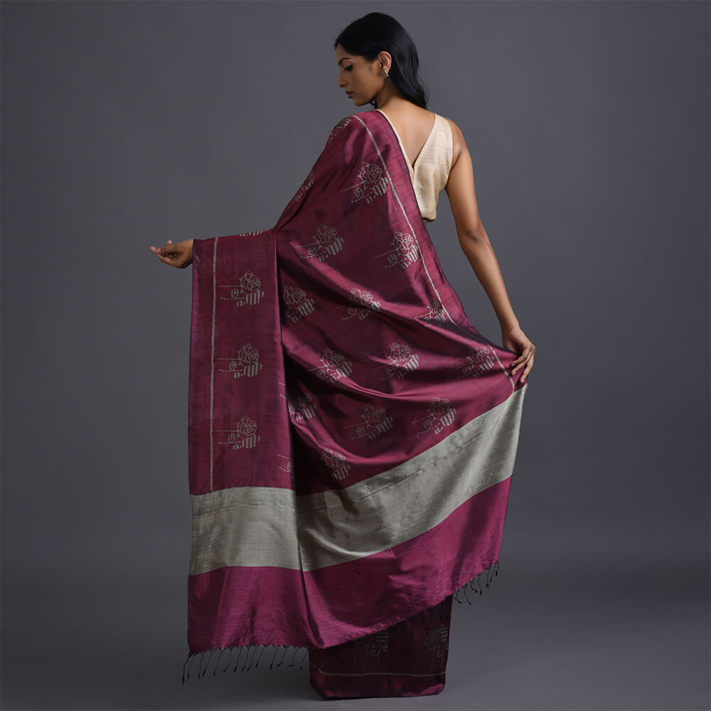 Dhoop Chaun Ikat Handwoven Silk Saree - Maroon Grey