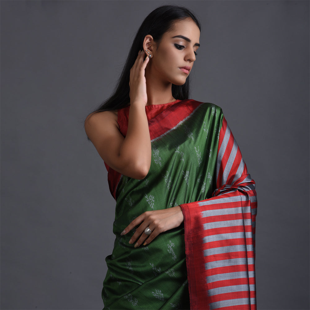 Goonj Ikat Handwoven Silk Saree - Green Red