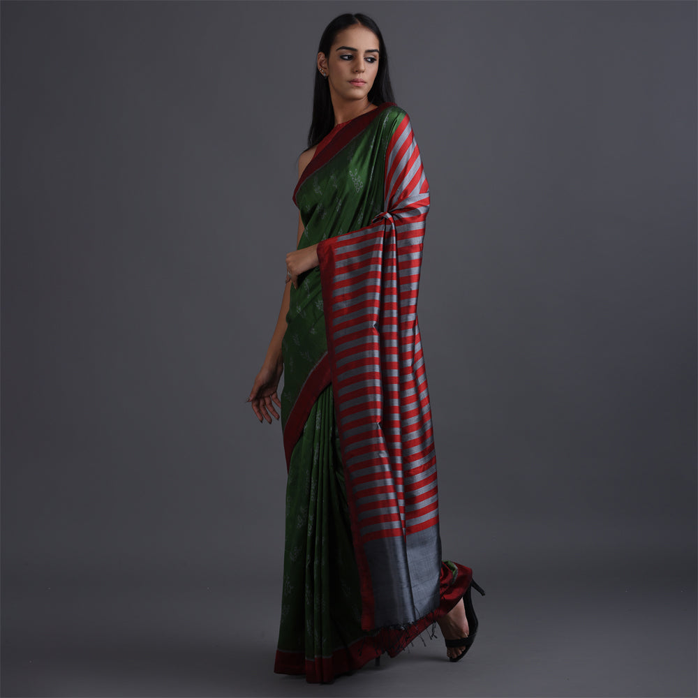 Goonj Ikat Handwoven Silk Saree - Green Red