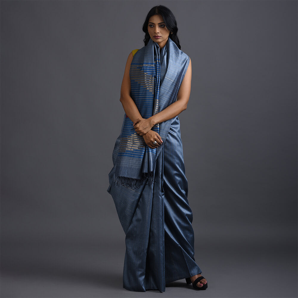 Bindu Handwoven Tussar Silk Saree - Steel Blue