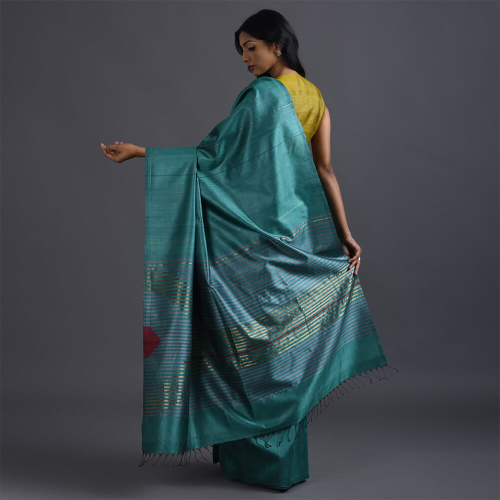 Bindu Handwoven Tussar Silk Saree - Cyan Green