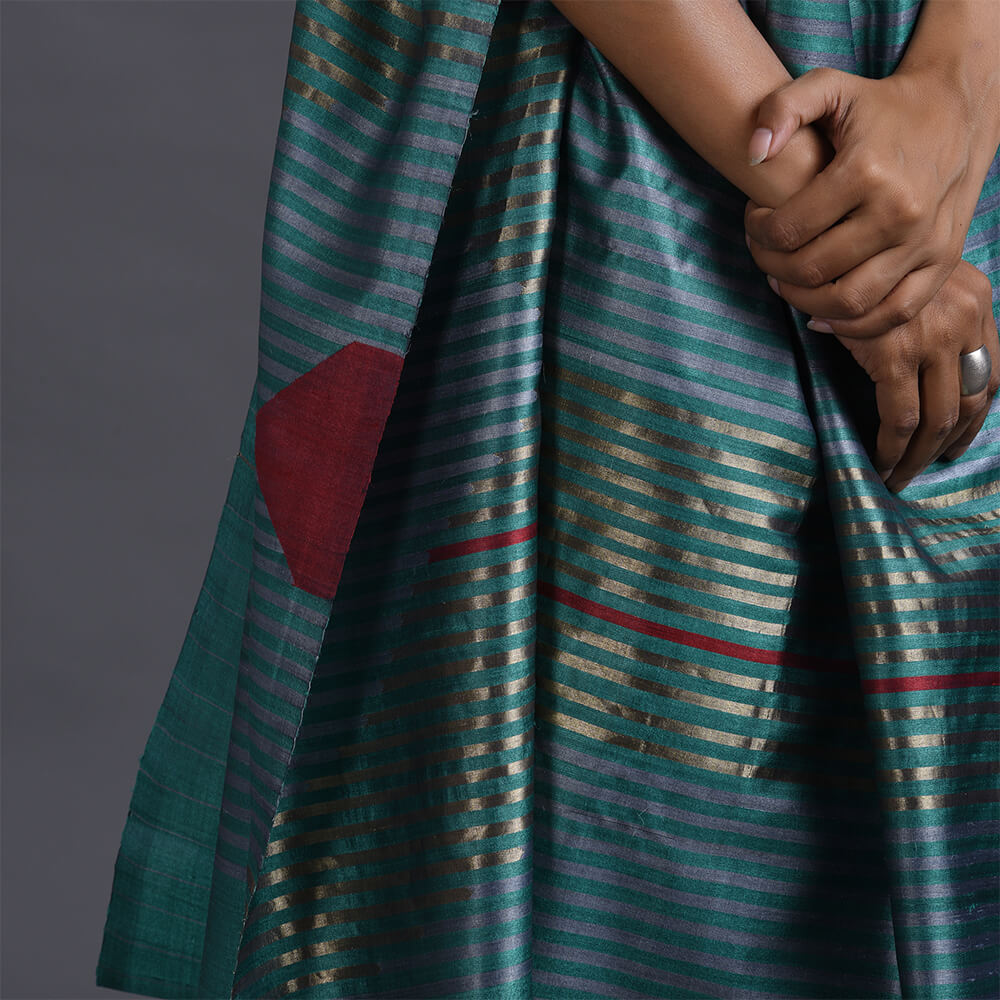 Bindu Handwoven Tussar Silk Saree - Cyan Green