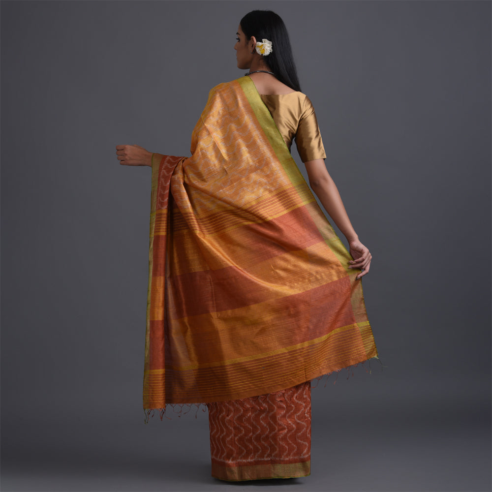 IKAT Tussar Tarang Handwoven Silk Saree - Sun Yellow Rust