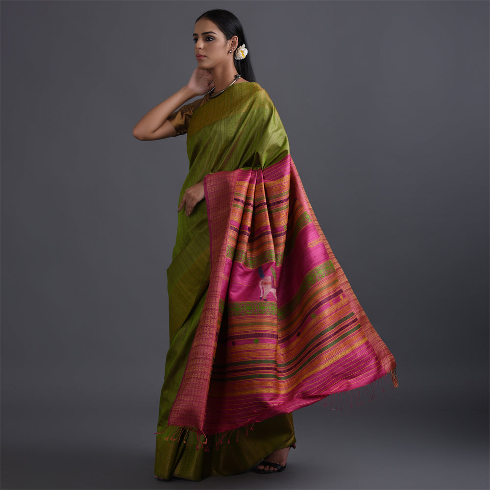 NAVAGUNJARA Handwoven Tussar Silk Sari -  Lemon green