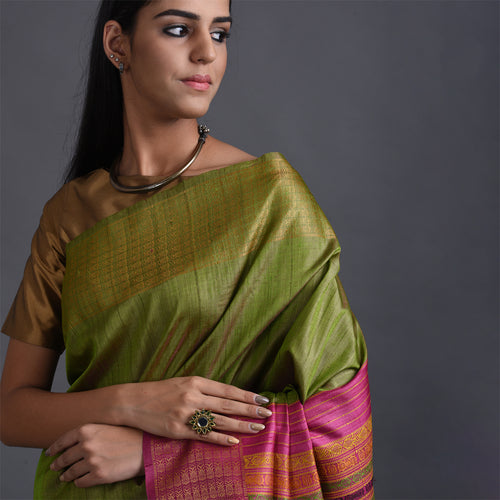 NAVAGUNJARA Handwoven Tussar Silk Sari -  Lemon green