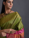 NAVAGUNJARA Handwoven Tussar Silk Sari -  Lemon green