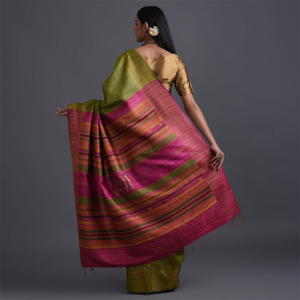 NAVAGUNJARA Handwoven Tussar Silk Sari -  Lemon green