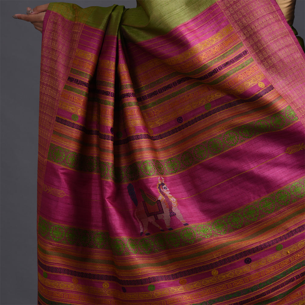 NAVAGUNJARA Handwoven Tussar Silk Sari -  Lemon green