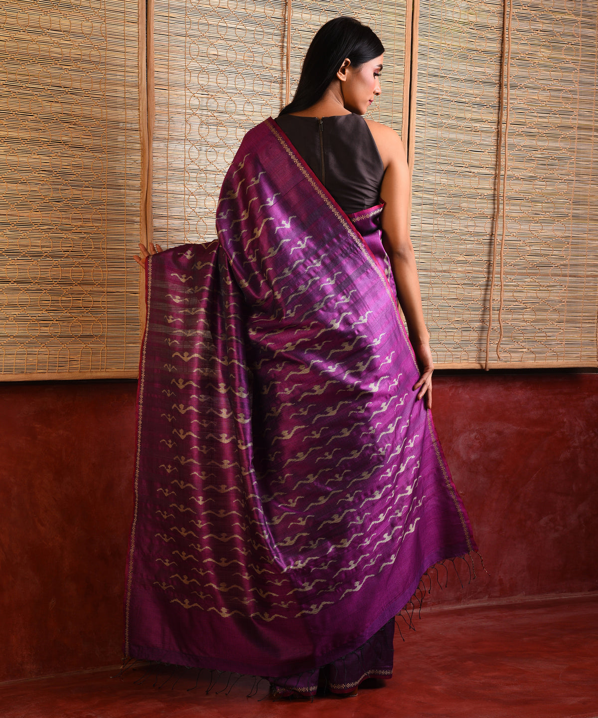 IKAT Tussar Badal Long Pallu Handwoven Silk Sari - Voilet