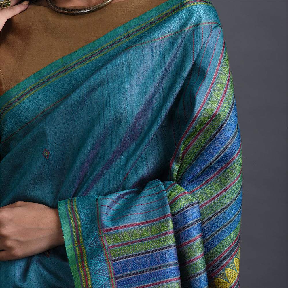 Dongria Handwoven Tussar Silk Sari -  Blue