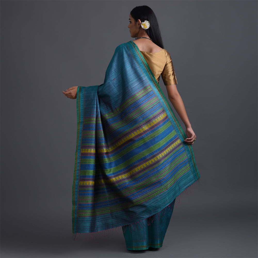 Dongria Handwoven Tussar Silk Sari -  Blue