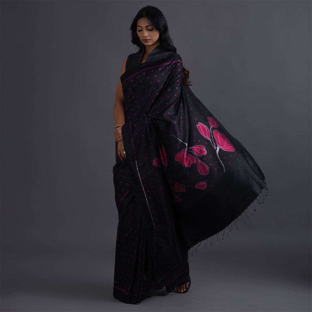 GULAAB Ikat Handwoven Silk Saree - Black