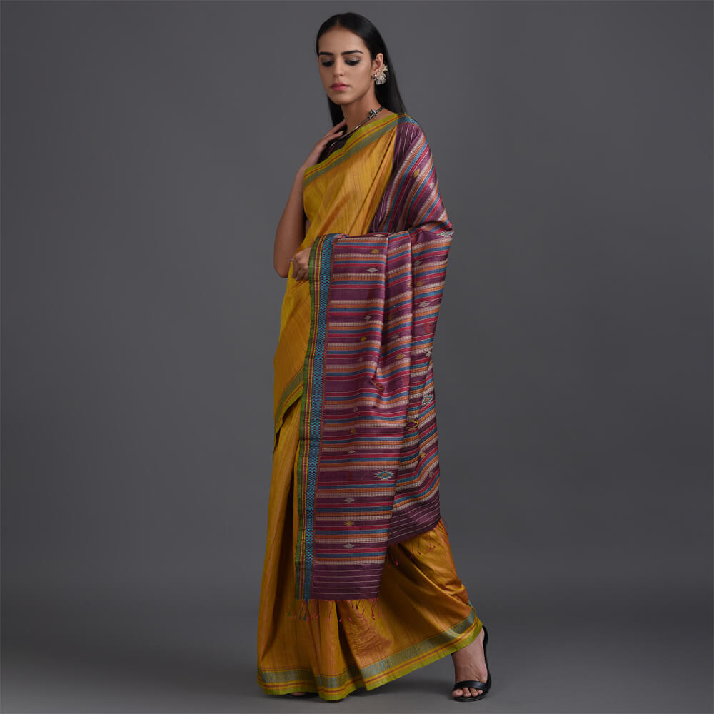 Bomkai Handwoven Tussar Silk Saree - Yellow - Vriksh Designs