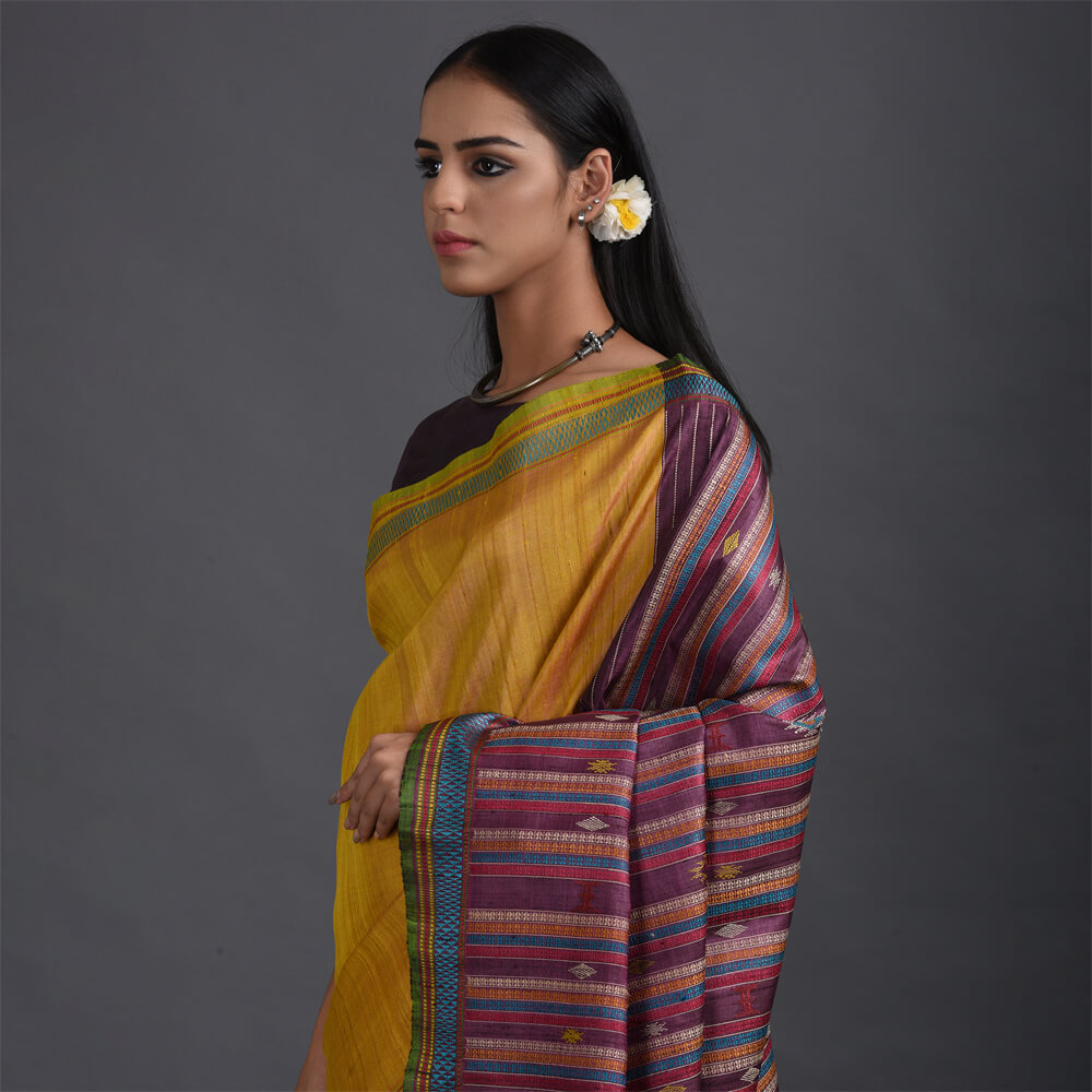 Bomkai Handwoven Tussar Silk Saree - Yellow - Vriksh Designs