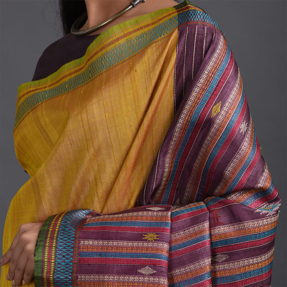 Bomkai Handwoven Tussar Silk Saree - Yellow - Vriksh Designs