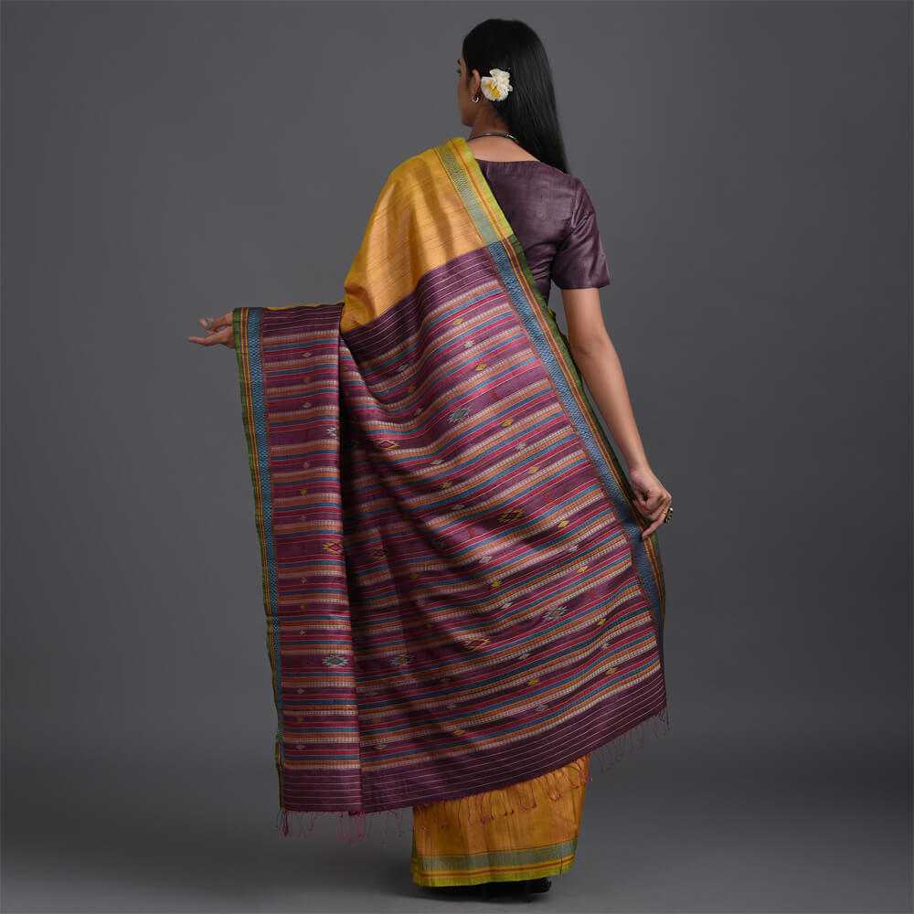 Bomkai Handwoven Tussar Silk Saree - Yellow - Vriksh Designs