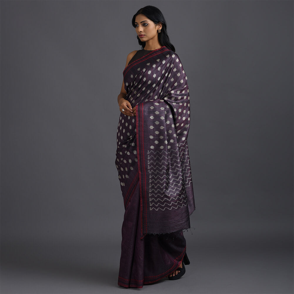 Ikat Tussar Thippa Long Pallu Handwoven Silk Saree - Deep Burgundy