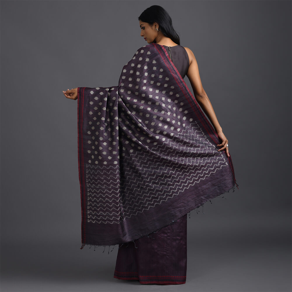 Ikat Tussar Thippa Long Pallu Handwoven Silk Saree - Deep Burgundy