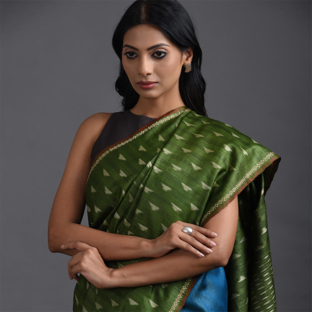 Ikat Tussar Trikon Long Pallu Handwoven Silk Saree - Green Blue