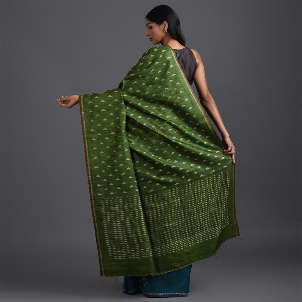 Ikat Tussar Trikon Long Pallu Handwoven Silk Saree - Green Blue