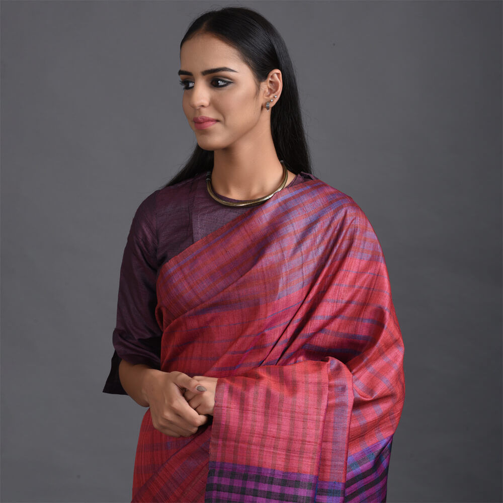 Jal Stripe Handwoven Tussar Silk Saree - Red