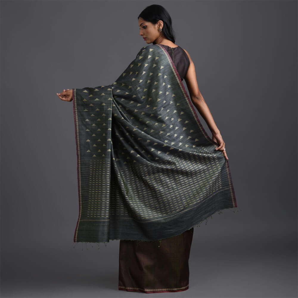 Ikat Tussar Trikon Long Pallu Handwoven Silk Saree - Midnight Green