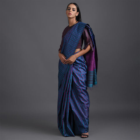Jal Stripe Handwoven Tussar Silk Saree - Blue
