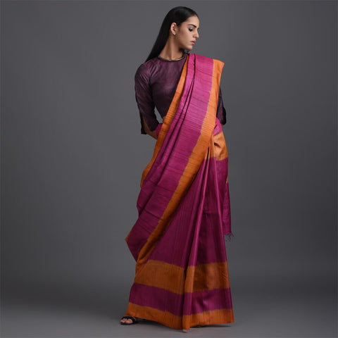 Ikat Tussar Bijli Handwoven Silk Saree - Marmalade & Pink
