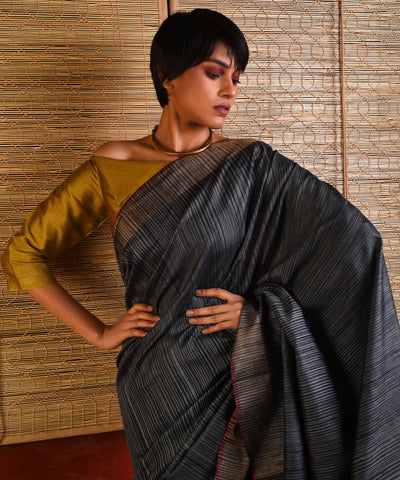 LAKIR Ikat Tussar Handwoven Silk Sari - Steel Grey