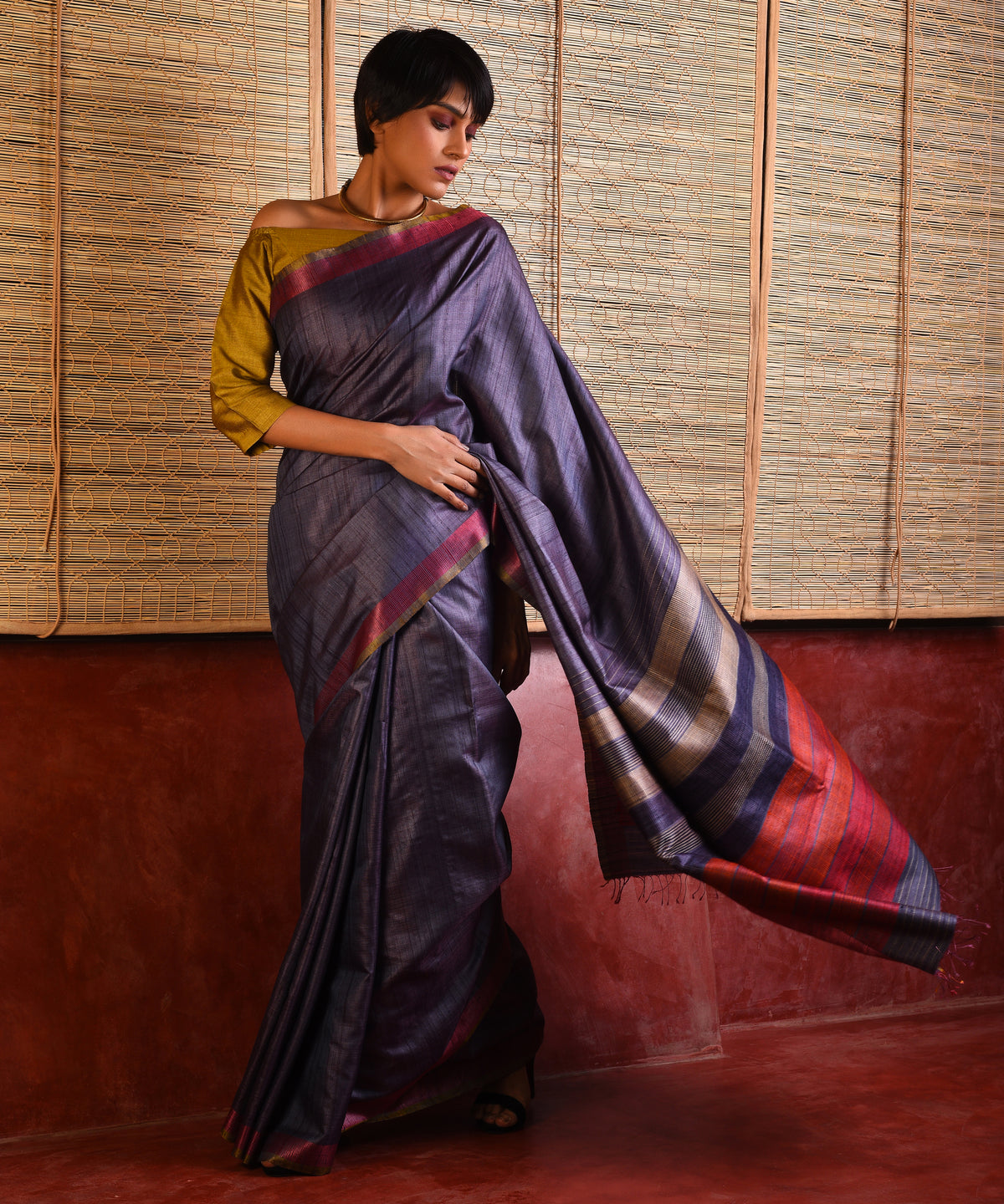 DHAAN Handwoven Tussar Silk Saree - Space Blue - Vriksh Designs
