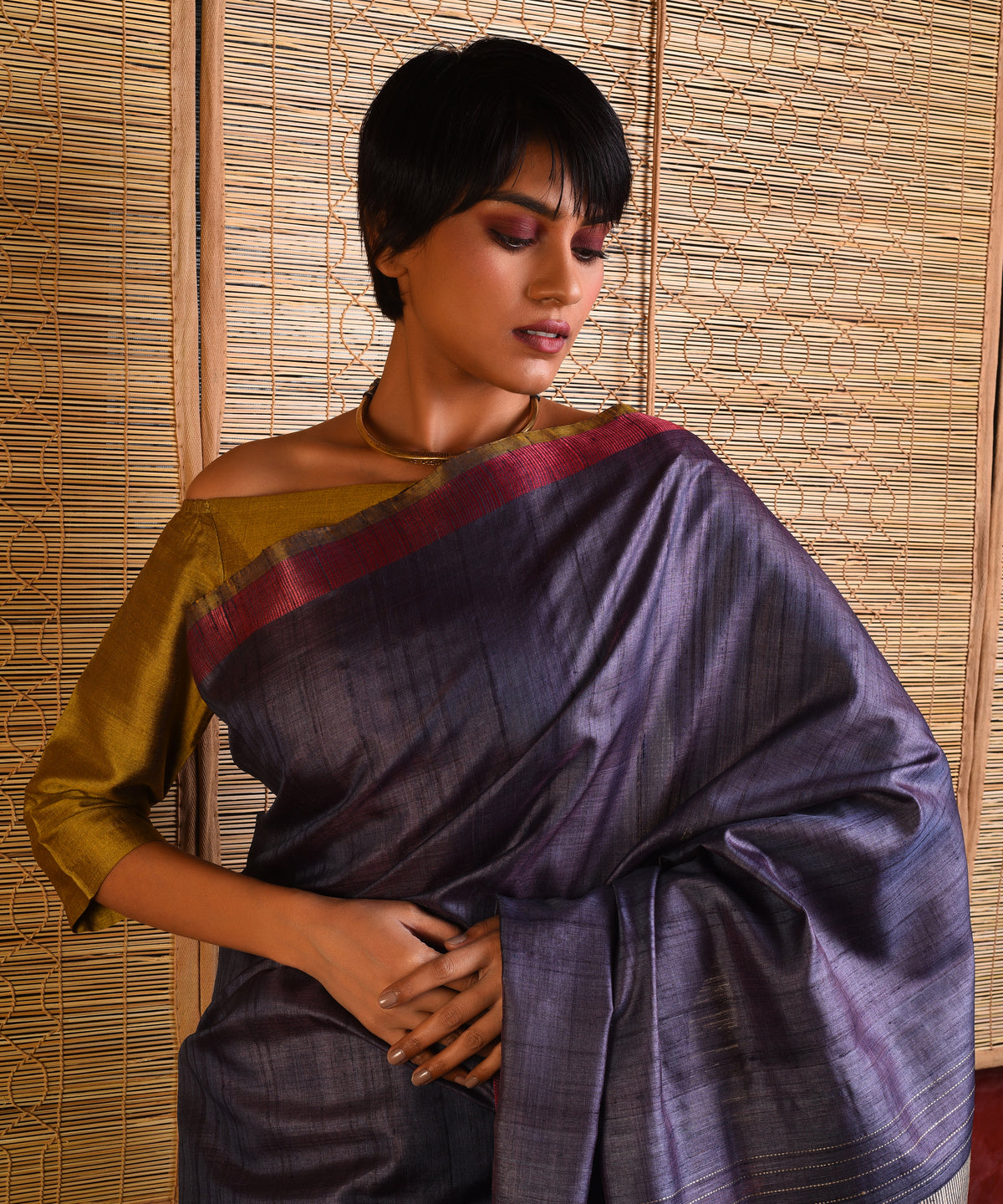 DHAAN Handwoven Tussar Silk Saree - Space Blue - Vriksh Designs
