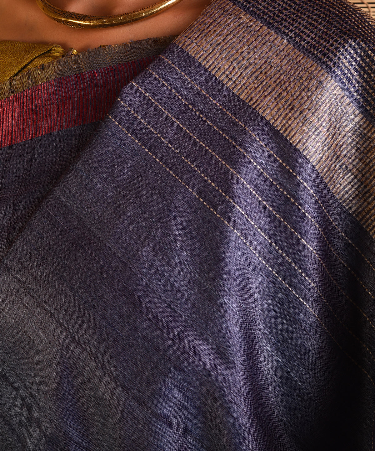DHAAN Handwoven Tussar Silk Saree - Space Blue - Vriksh Designs