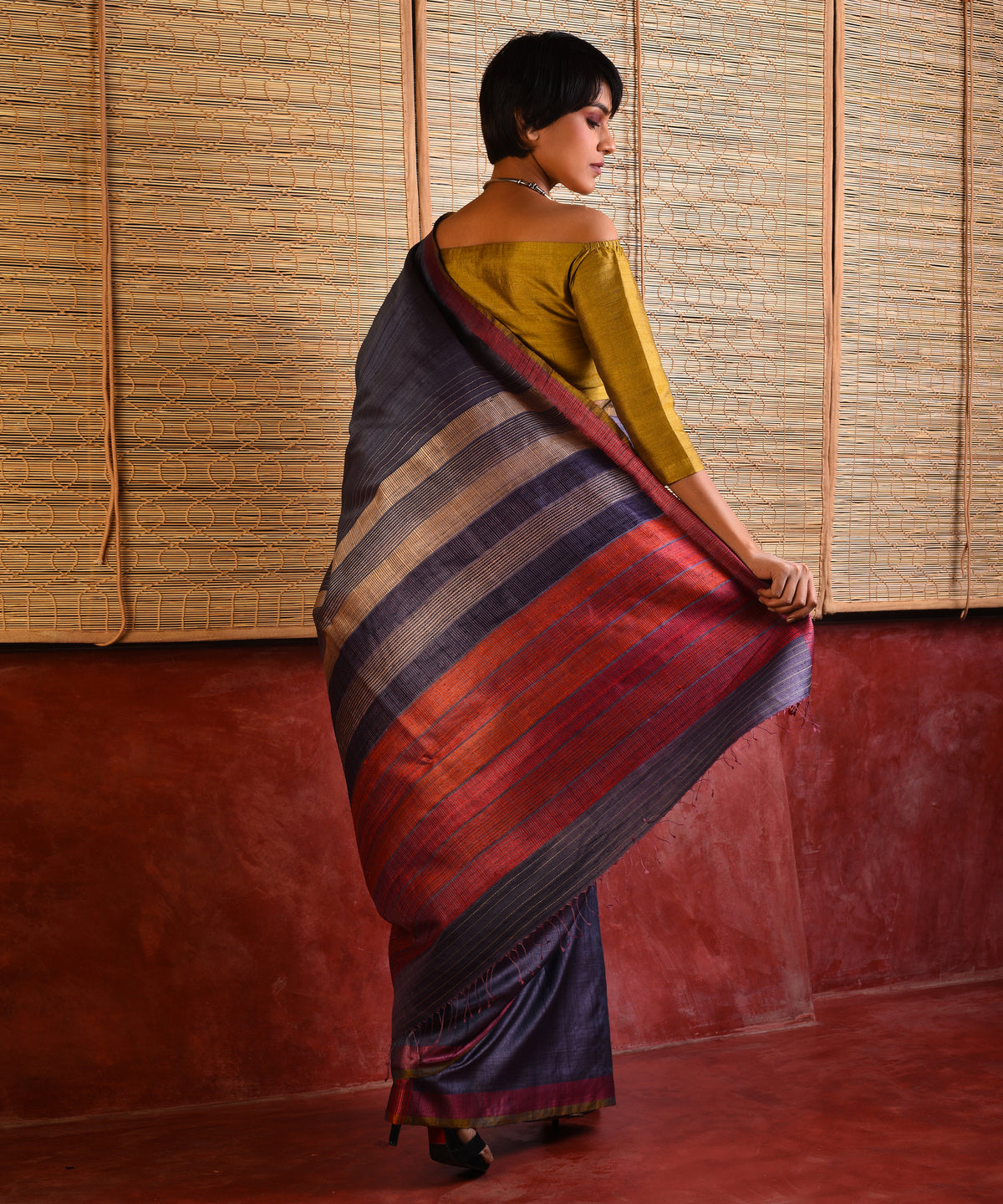 DHAAN Handwoven Tussar Silk Saree - Space Blue - Vriksh Designs