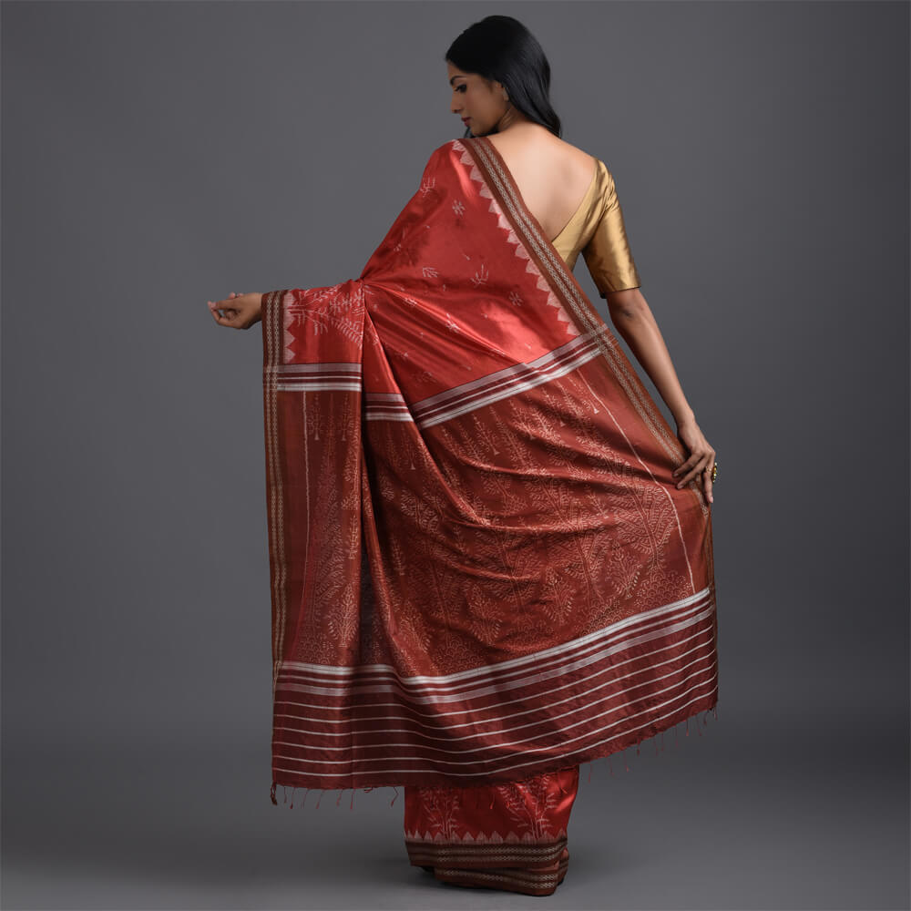 IKAT MASTERPIECE Dhaan Patra Handwoven Silk Saree - Manjistha Rust
