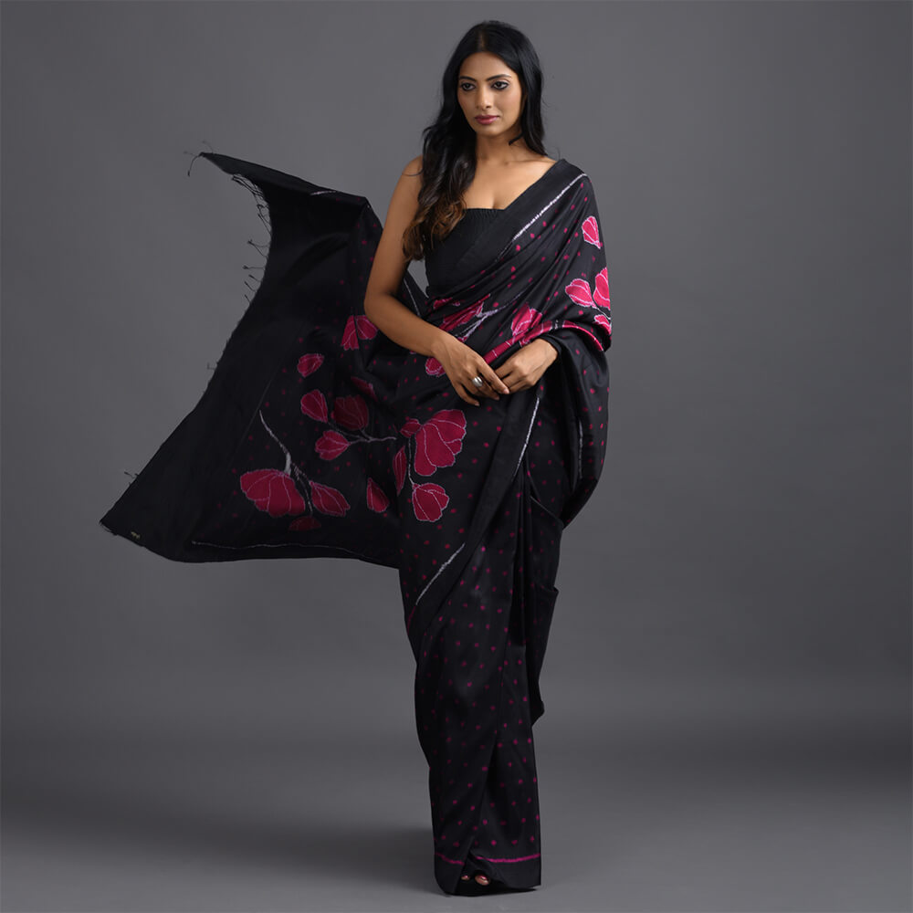 GULAAB Ikat Long Pallu Handwoven Silk Saree - Black