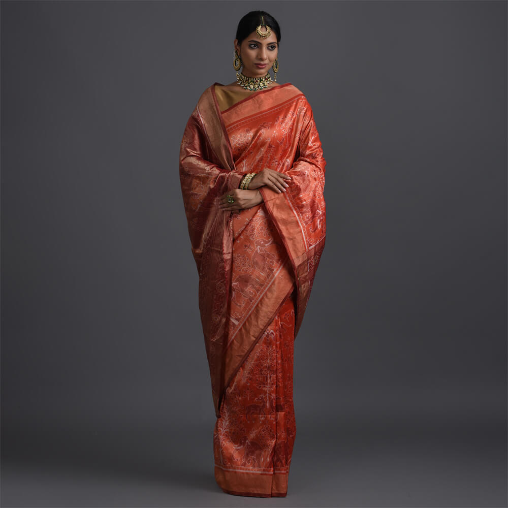 KANAK Ikat Masterpiece Handwoven Silk Sari - Orange