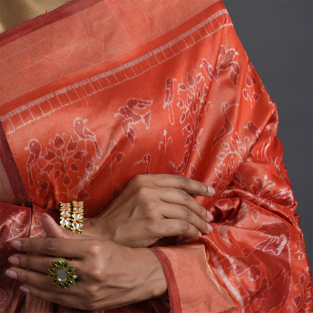 KANAK Ikat Masterpiece Handwoven Silk Sari - Orange