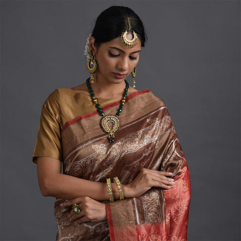 KANAK Ikat Masterpiece Handwoven Silk Sari - Brown