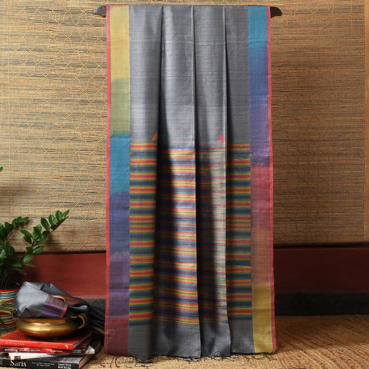 Ikat Tussar Satrang Silk Sari - Iron Grey