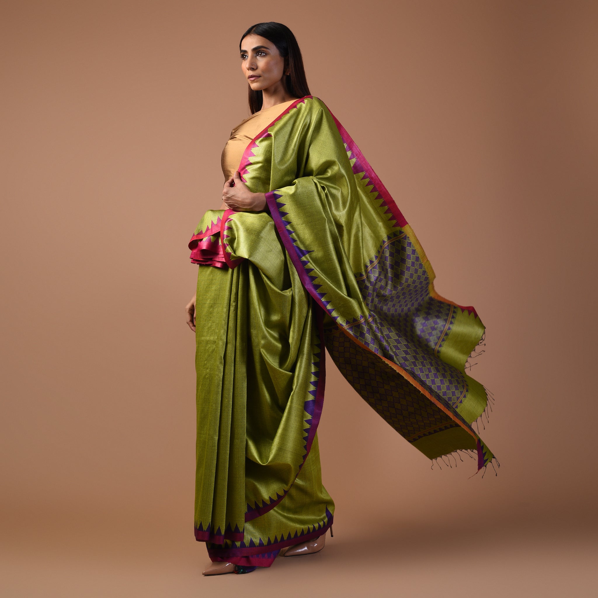 KUMBHA Handwoven Tussar Silk Saree - Olive Green