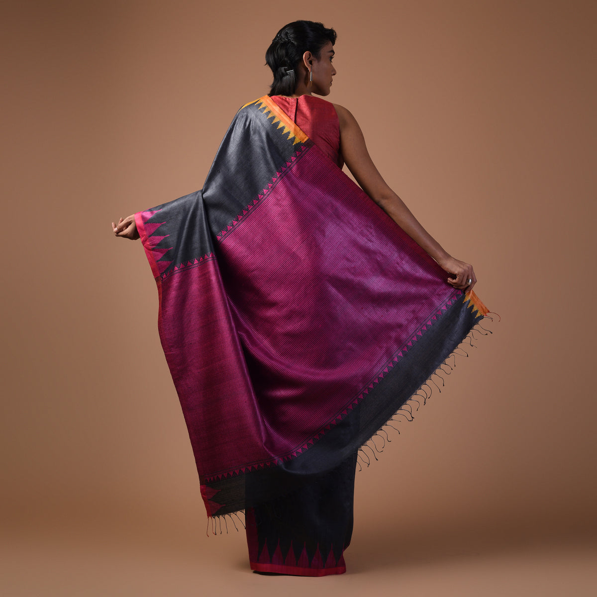 KUMBHA Handloom Tussar Silk Sari - Dark Slate