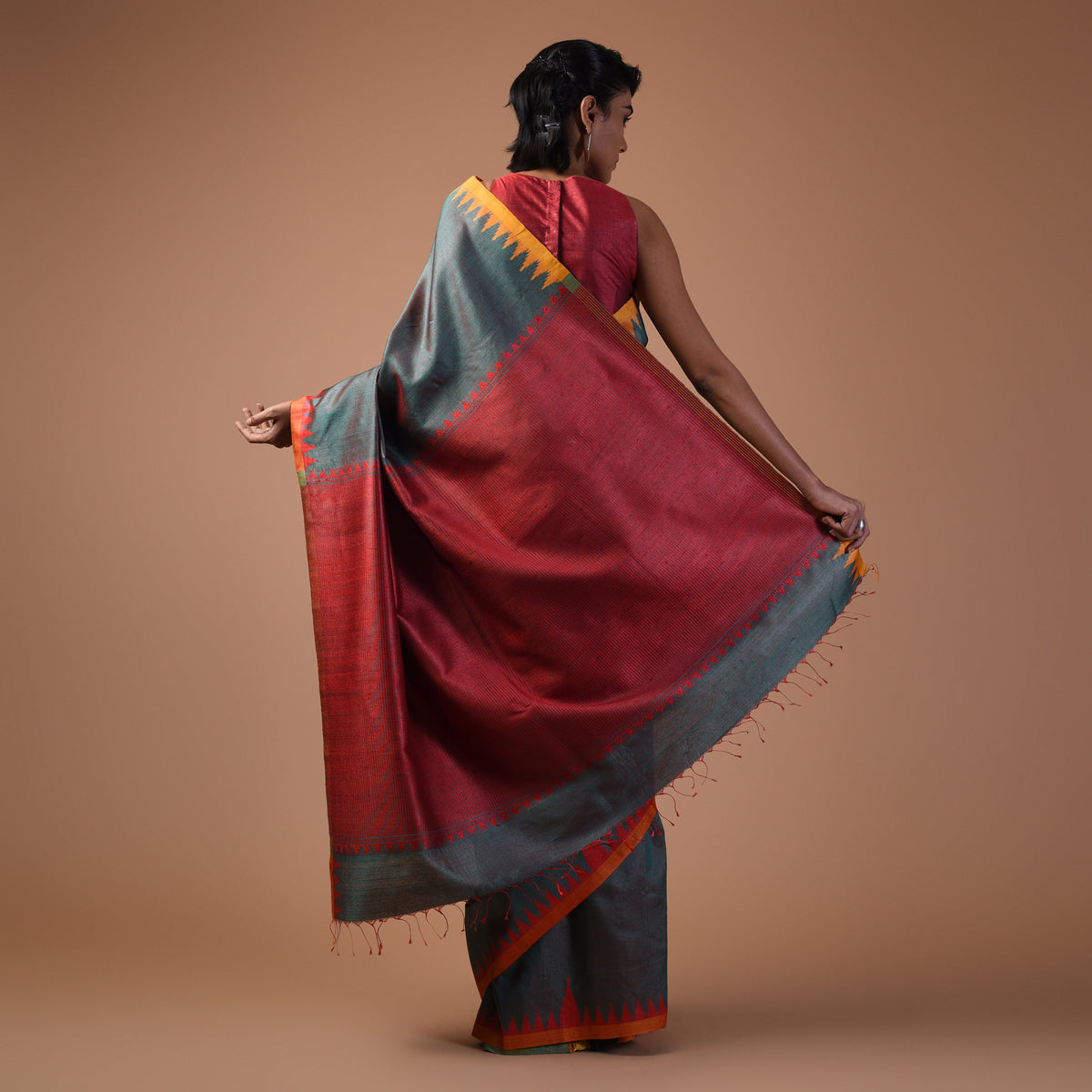 KUMBHA Handloom Tussar Silk Saree - Dark Slate Aqua