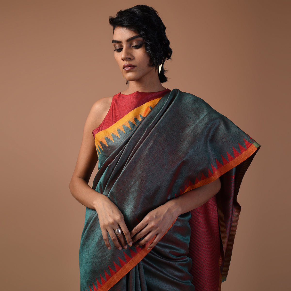 KUMBHA Handloom Tussar Silk Saree - Dark Slate Aqua