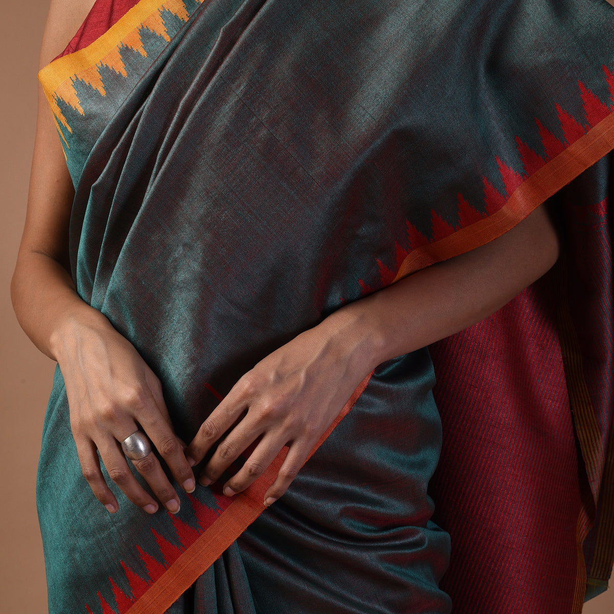 KUMBHA Handloom Tussar Silk Saree - Dark Slate Aqua